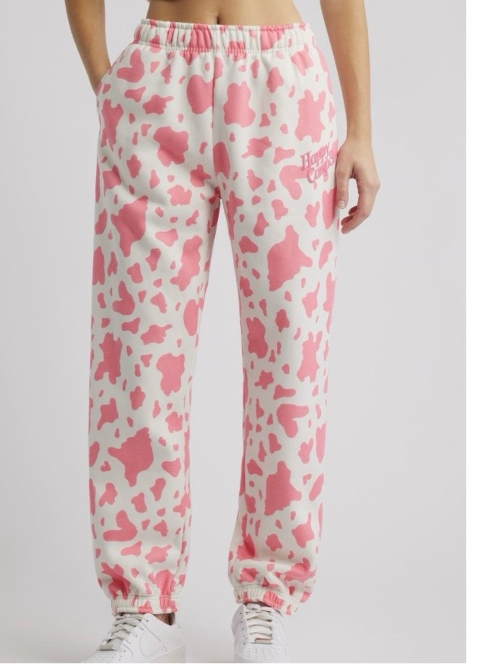 Happy Camp3r Sweet Cow Joggers Fleece White & Pink Cow Print Sweatpants Size S